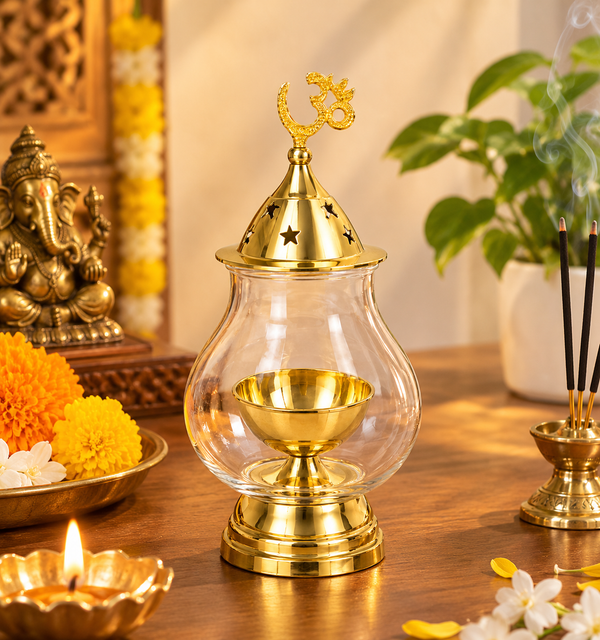 Akhand Diya with Glass Chimney Cover